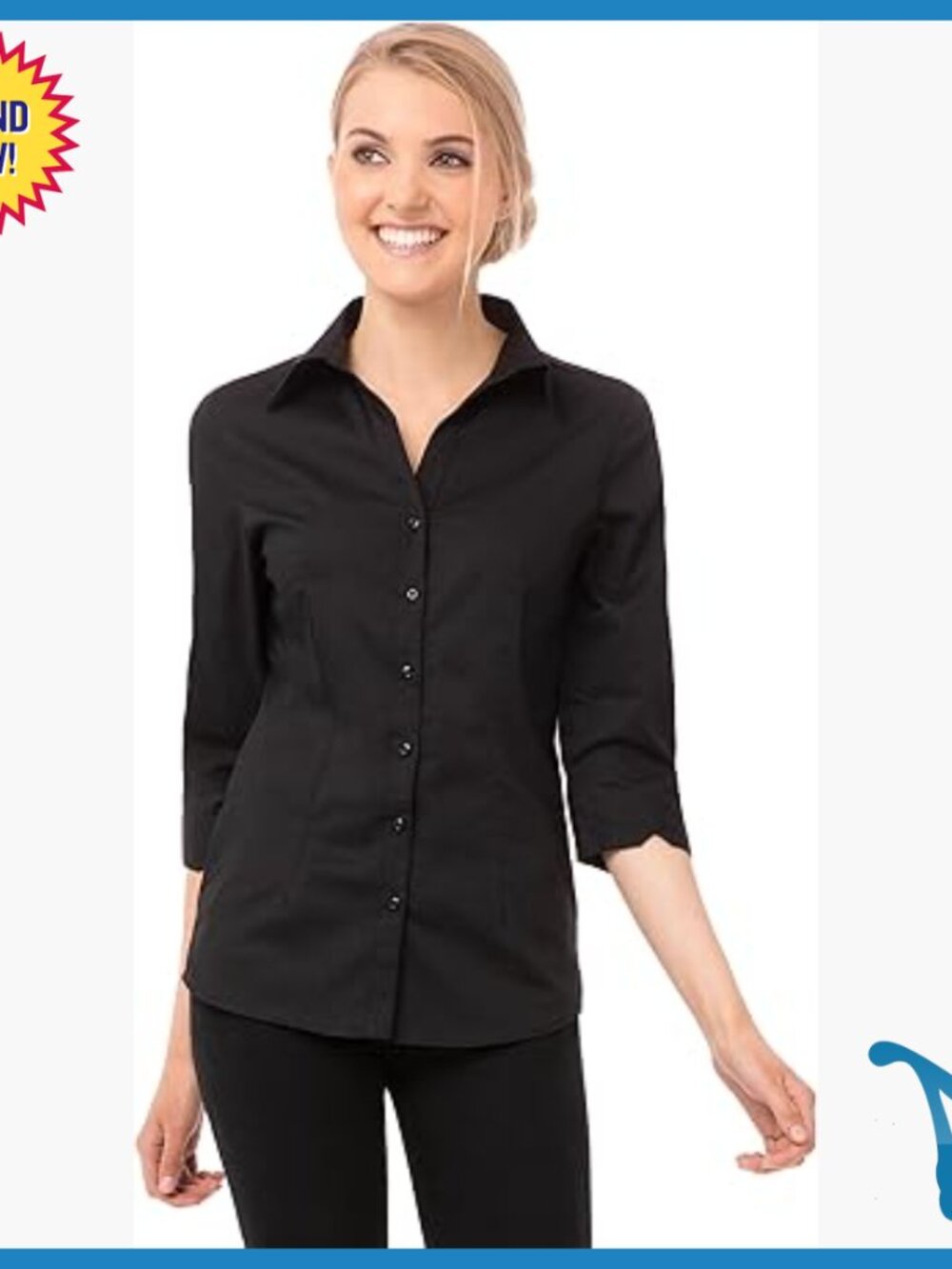 Fitted 3/4 Sleeve Button Down Shirt, Lightweight Polycotton Blend